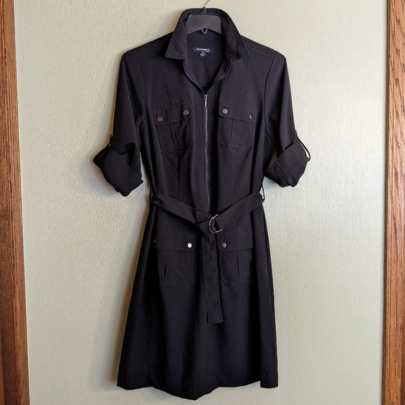 Sharagano Belted Zip Shirt Dress Safari Patch Pocket Roll Tab Sleeve Black - Picture 15 of 16